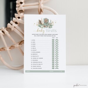 Baby Traits Game, Boho Baby Shower Games, Mommy or Daddy Game, Baby Game Traits, Sage Green Bear, Pampas, Printable, Editable, Corjl PP51
