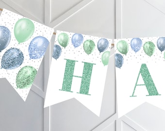 Happy Birthday Banner Printable, Blue Green Balloon Bunting Party Decor, Instant Download Sign, Birthday Flag Pennant, PP32