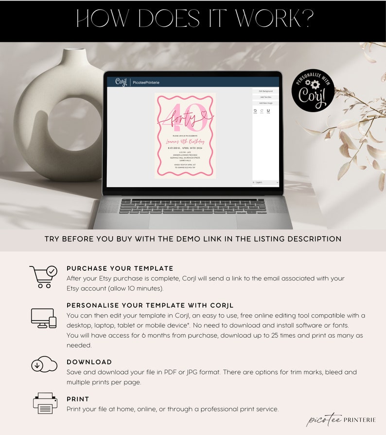 May include: A pink and white digital invitation template for a 40th birthday party. The template features the text "forty" in a pink script font with a heart symbol. The text "Save the Date" is also included, along with the date and time of the event. The template is designed to be personalized with Corjl, an online editing tool.