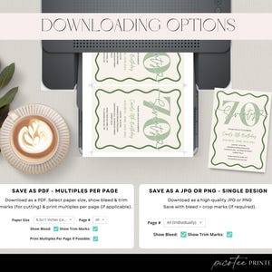 May include: An image of a printer with a 70th birthday invitation design. The invitation has a green and cream color scheme with the word "Seventy" and the text "Carols 70th Birthday". The image also shows download options.
