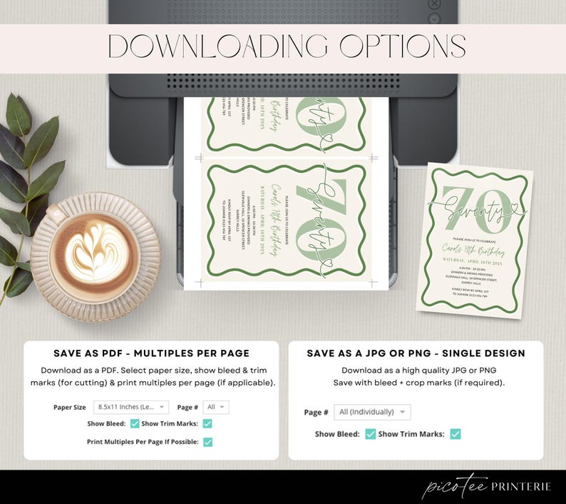 May include: An image of a printer with a 70th birthday invitation design. The invitation has a green and cream color scheme with the word "Seventy" and the text "Carols 70th Birthday". The image also shows download options.