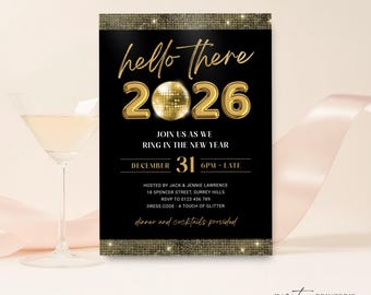 Hello 2026 New Years Eve Invitation Template, Modern Gold NYE Party Invite Printable, Cheers to New Year Digital Download, Editable in Corjl