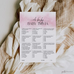 Baby Trivia Game Printable, Oh Baby Trivia, Pink Minimalist Baby Shower, Boho Baby Shower Trivia, Girl Baby Shower Game Template, Corjl PP55