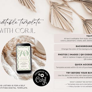 May include: A digital template for a 70th birthday invitation displayed on a smartphone. The phone is surrounded by a neutral-toned background with text that reads "editable template with Corjl". Additional text details editing options.