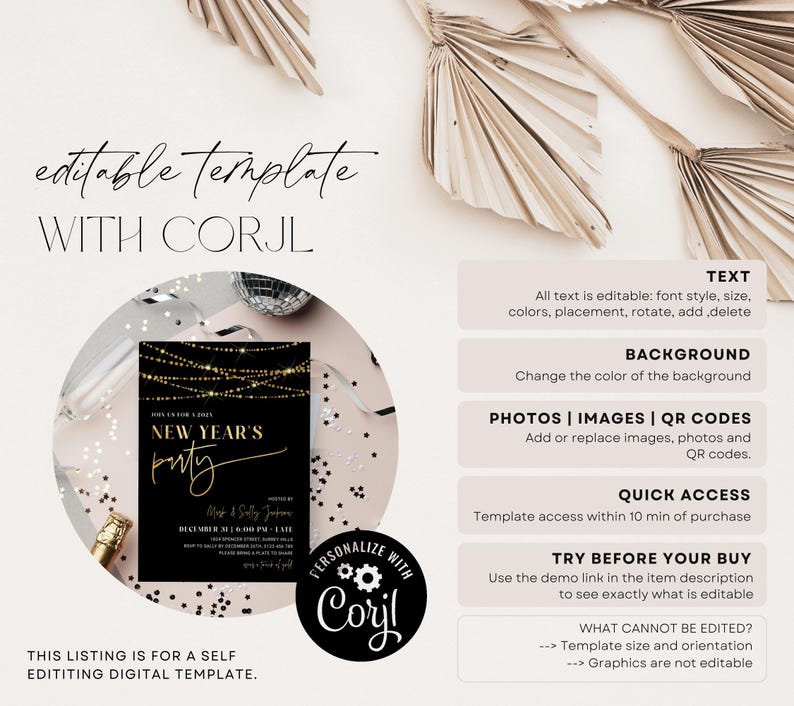 New Years Eve Invitation Template for 2026, Gold Lights NYE Party Invite, Digital and Printable Holiday Celebration Download, Editable Corjl image 5