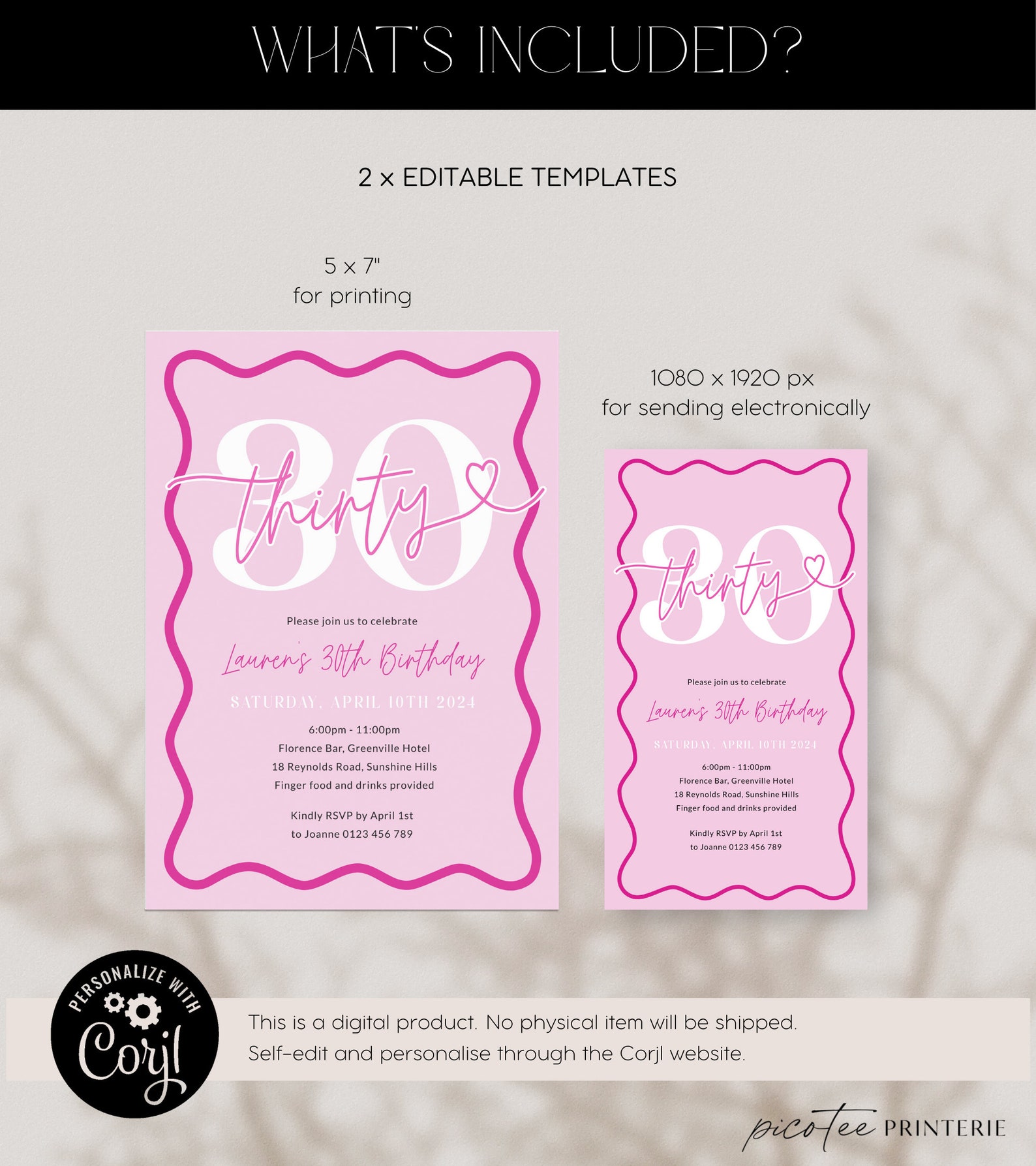 Pink Wavy Border Invite 30th Birthday for Her, Modern Scalloped Party ...