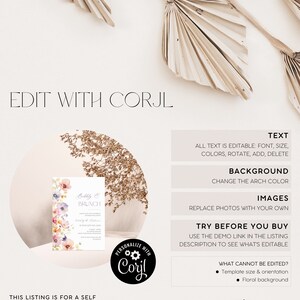 May include: A digital template for a bridal brunch invitation. The invitation features a floral design with a pink, white, and green color scheme. The text on the invitation reads "Bubbly & Brunch".