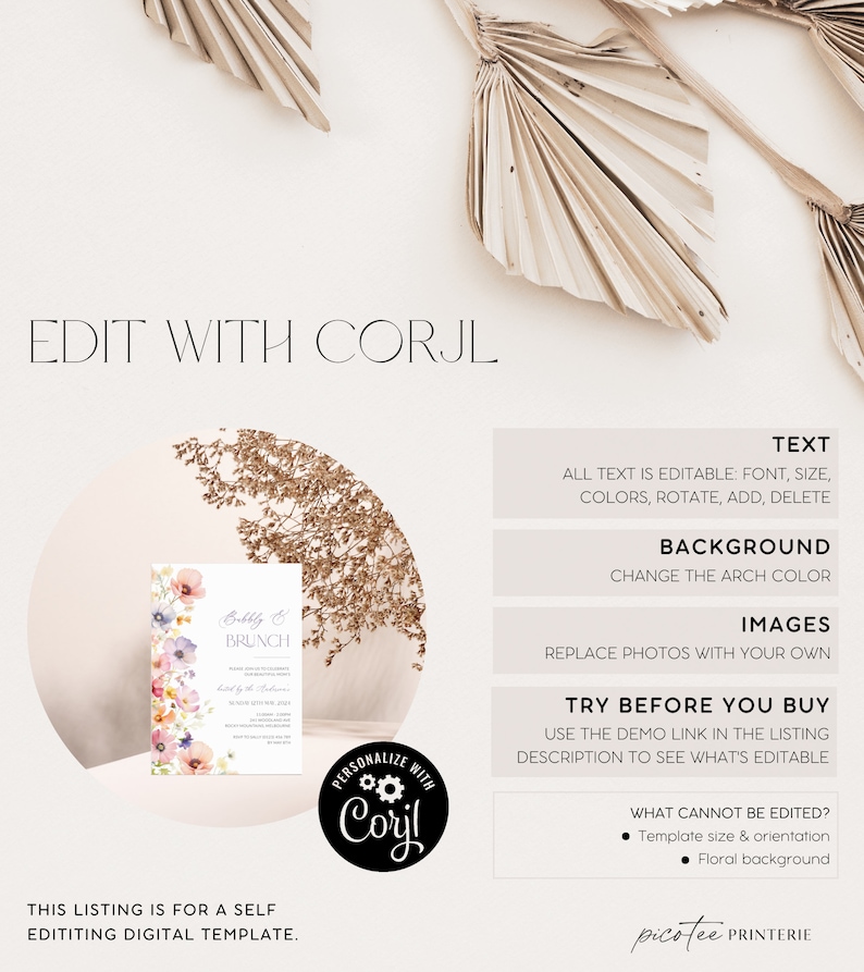 May include: A digital template for a bridal brunch invitation. The invitation features a floral design with a pink, white, and green color scheme. The text on the invitation reads "Bubbly & Brunch".