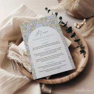 Blue Floral Mother's Day Menu Card Printable Template, Mimosa Bubbly and Brunch For Mom Editable, Modern Lunch Dinner Download, Corjl PP83