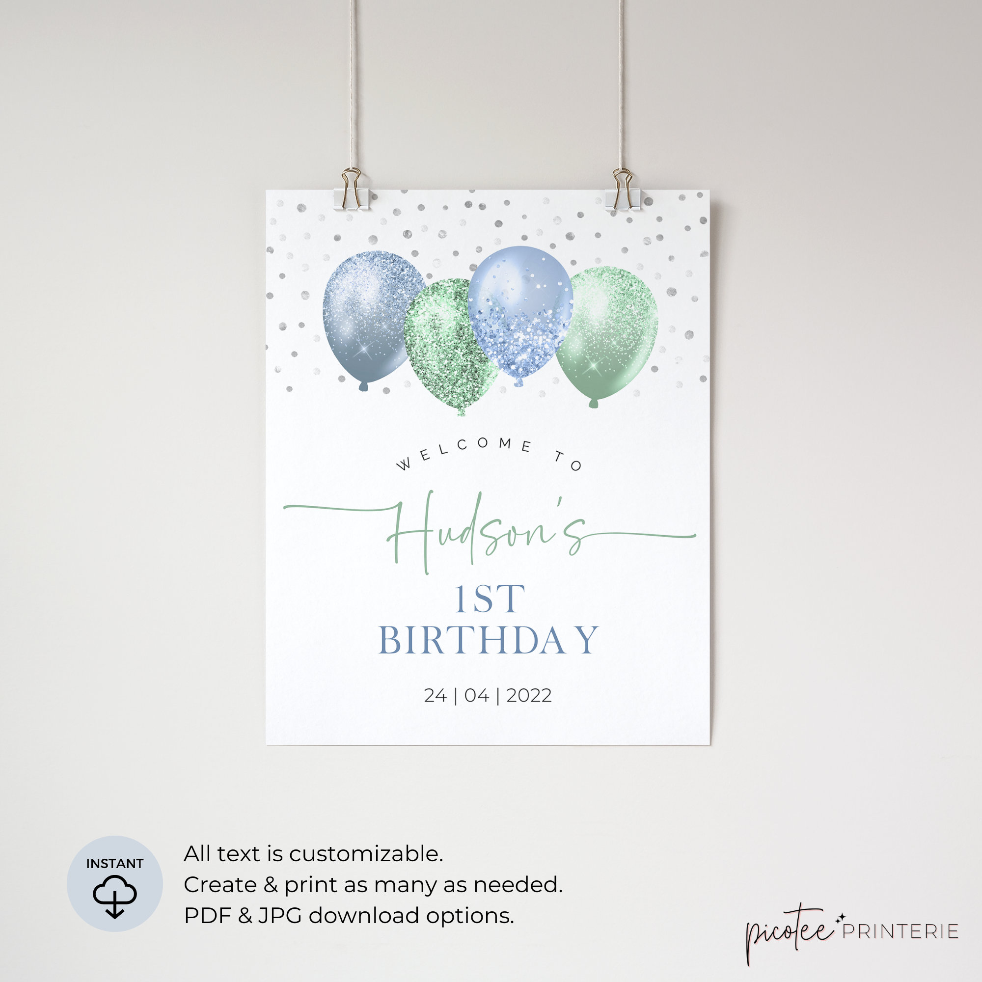 Welcome Sign Template, Boys Birthday Party Sign, Green Blue Balloon ...