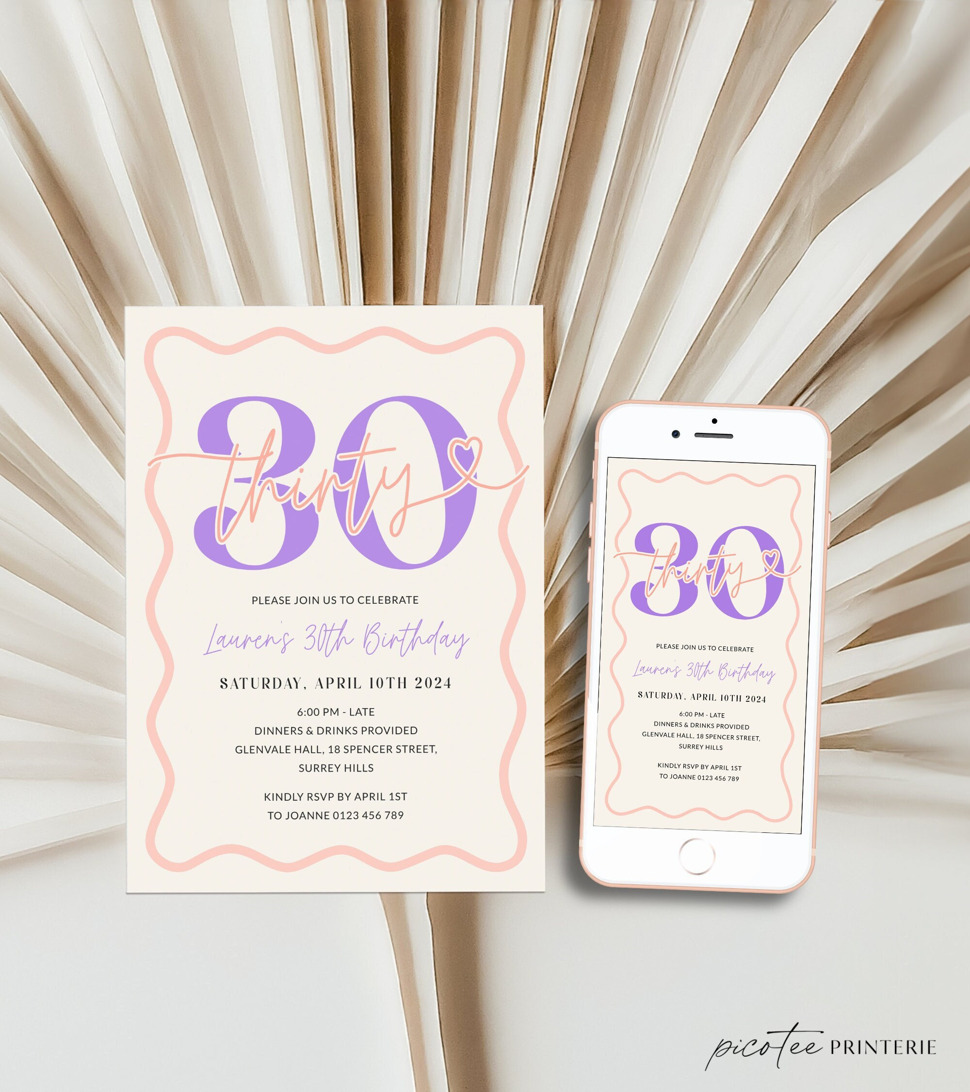 Wavy Border 30th Birthday Invitation Women, Purple Scalloped 30th Party ...