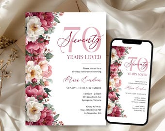 Floral 70 Years Loved Birthday Invitation Template, Burgundy 70th Birthday Digital Invite Women, Elegant Invite for Her Seventy, Corjl PP96