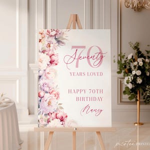 70 Years Loved Birthday Welcome Sign Pink Floral Women, Flowers 70th Party Welcome Poster For Her, Editable Seventy Template, Corjl PP89