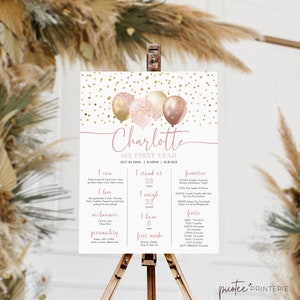 Baby Girl 1st First Birthday Milestone Sign, Pink Rose Gold Balloon, My First Year, Milestone Board Poster, Editable Instant, Corjl PP029