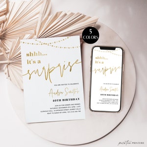 Surprise 40th Birthday Invitation Women, Shhh It&#39;s A Surprise Invite Printable, Adult Fifty Invite Editable For Her, Rose Gold, Corjl PP74