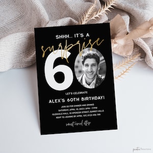 Surprise 60th Birthday Invitation For Him, Minimalist Men Sixty Photo Invite, Shhh It's A Surprise, Editable Evite, Black Gold, Corjl PP64