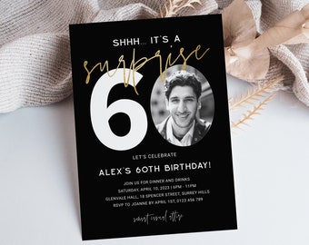 Surprise 60th Birthday Invitation For Him, Minimalist Men Sixty Photo Invite, Shhh It's A Surprise, Editable Evite, Black Gold, Corjl PP64