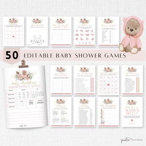 Editable Bear Baby Shower Games Bundle, Boho Baby Games Printable, Pink Teddy Bear, Modern Cute, Bearly Wait, Bingo Emoji, Girl, Corjl PP53
