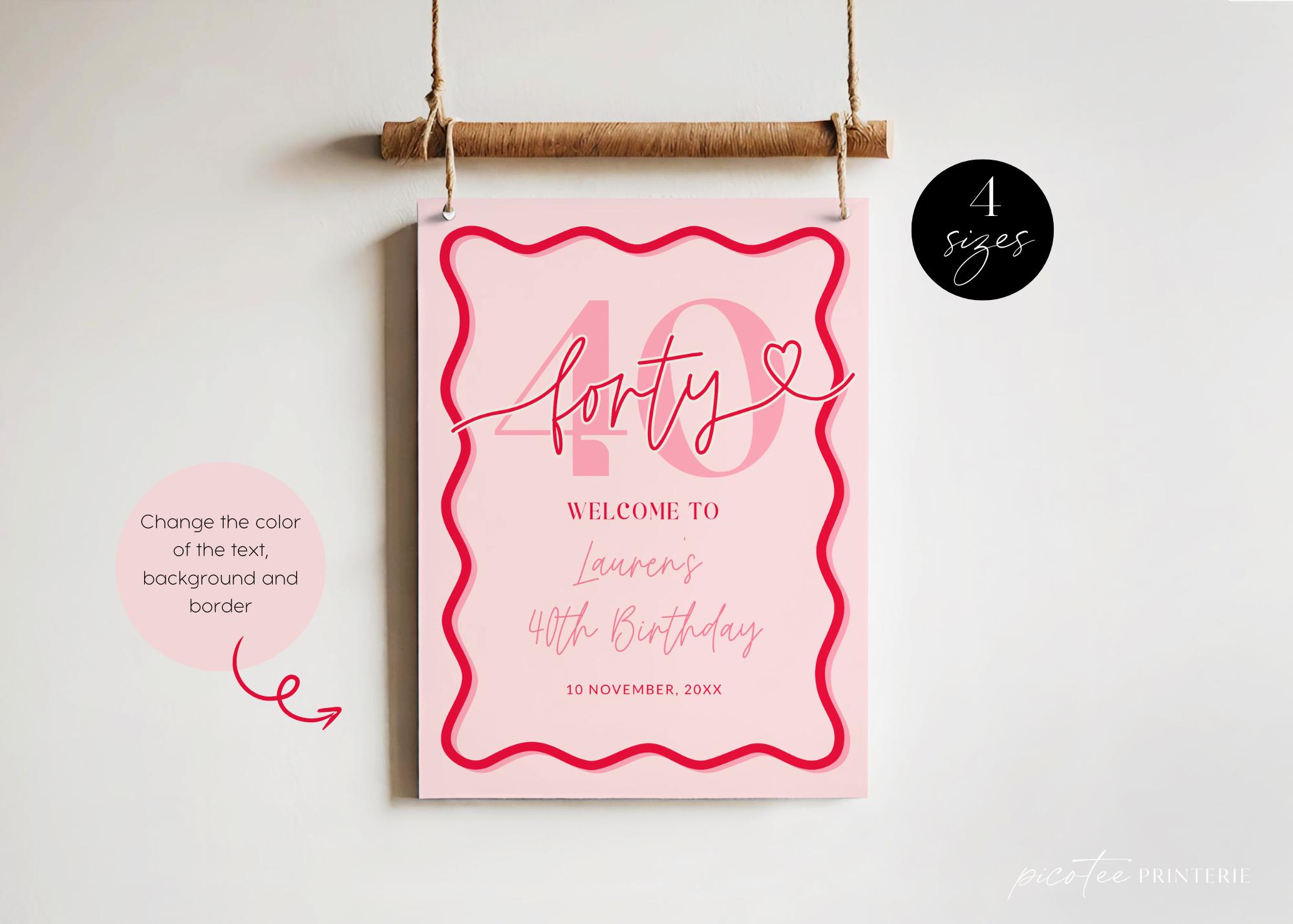 Wavy Border Welcome Sign 40th Birthday for Her, Pink Coral Scallop 40 ...