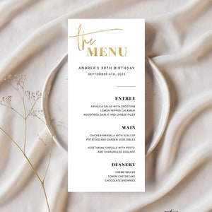 Minimalist Dinner Menu Printable Template, Modern Editable Birthday Menu Card, Simple Lunch Menu Template, Instant Download, Gold Corjl PP74