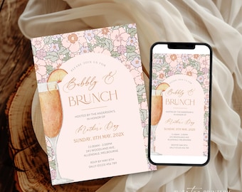 Floral Mother's Day Bubbly and Brunch Invitation Template, Printable Mothers Day Lunch Party Invite, Editable Mom Mimosa Digital, Corjl PP83