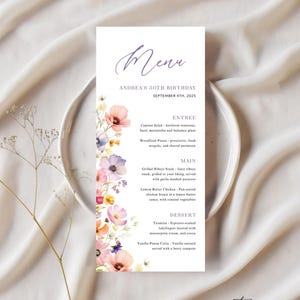 Wildflower Dinner Menu Printable Template, Modern Bright Floral Editable Birthday Menu Card, Simple Lunch Menu, Instant Download, Corjl PP73