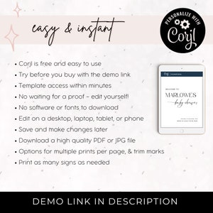 May include: A digital invitation template with the text "easy & instant" and a list of features. A tablet displays a baby shower invitation. The text "DEMO LINK IN DESCRIPTION" is at the bottom. The design includes a floral accent.