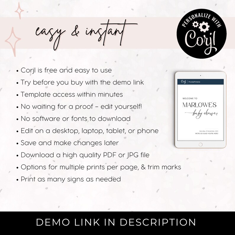 May include: A digital invitation template with the text "easy & instant" and a list of features. A tablet displays a baby shower invitation. The text "DEMO LINK IN DESCRIPTION" is at the bottom. The design includes a floral accent.