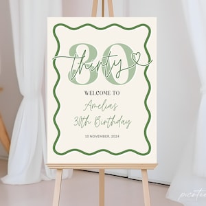 Green Wavy Welcome Sign 30th Birthday Template, Sage Scalloped 30th Birthday Party Welcome Women, Editable Thirty Welcome Poster, Corjl PP84