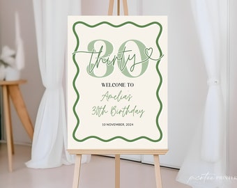 Green Wavy Welcome Sign 30th Birthday Template, Sage Scalloped 30th Birthday Party Welcome Women, Editable Thirty Welcome Poster, Corjl PP84