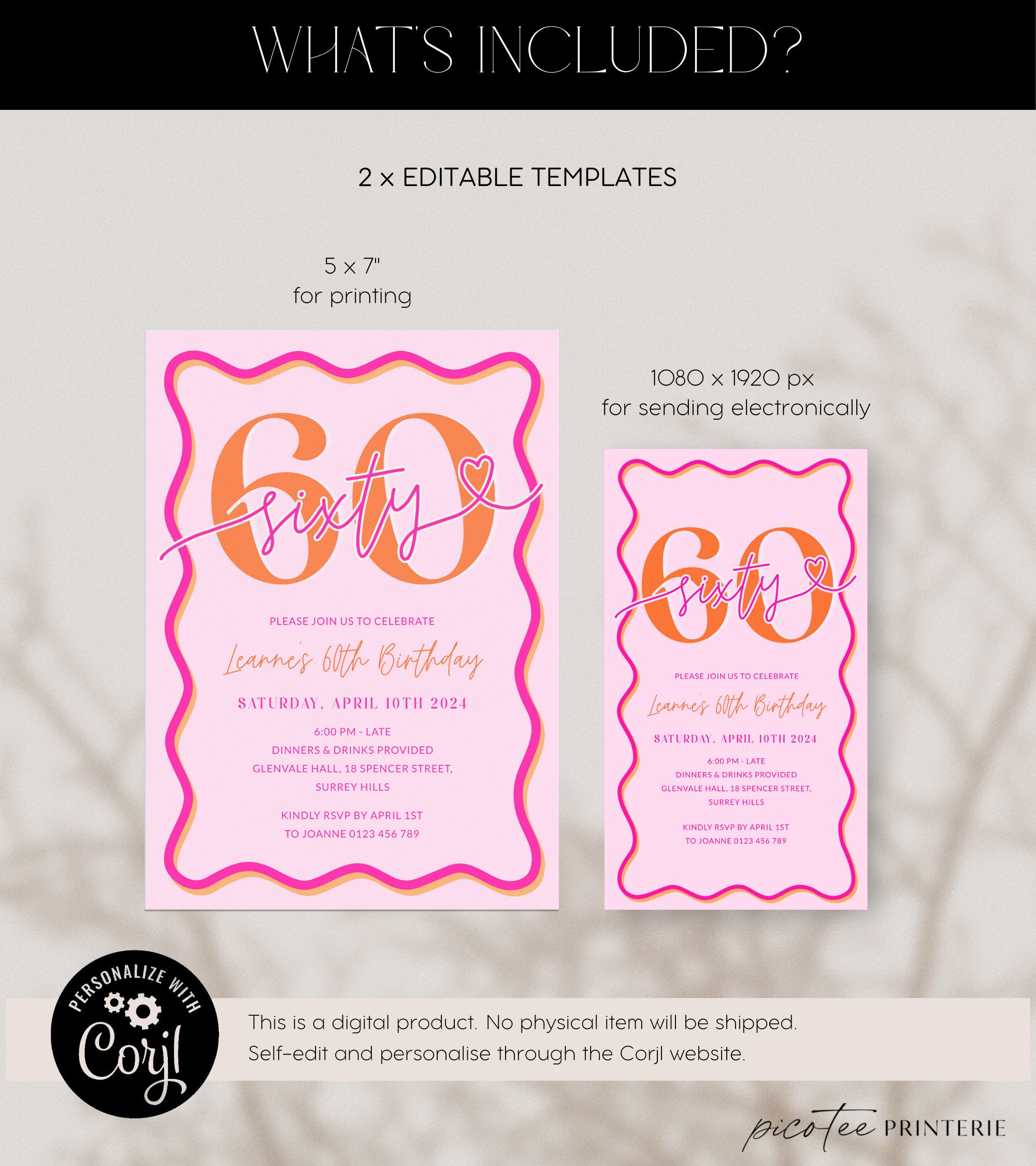 Wavy 60th Birthday Invitation Women, Scalloped 60th Party Invite for ...