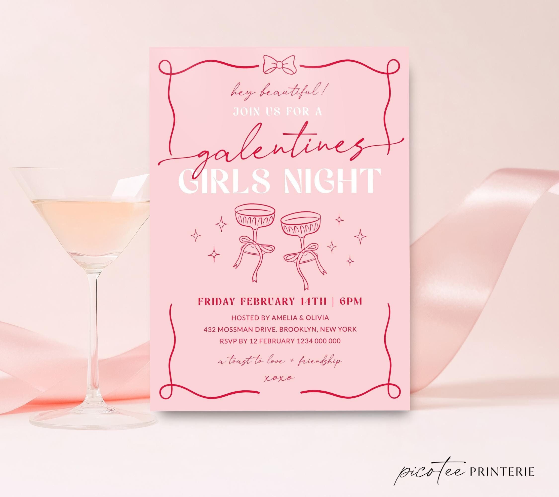 Galentine's Girls Night Invitation Template, Wavy Valentine's Day