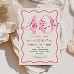 May include: A pink and white birthday invitation with the text "forty" in pink script with a heart. The invitation is for Lauren's 40th birthday party on Saturday, April 10th, 2024 at 6:00 PM. The party will be held at Glenvale Hall, 18 Spencer Street, Surrey Hills. RSVP by April 1st to Joanne at 0123 456 789.