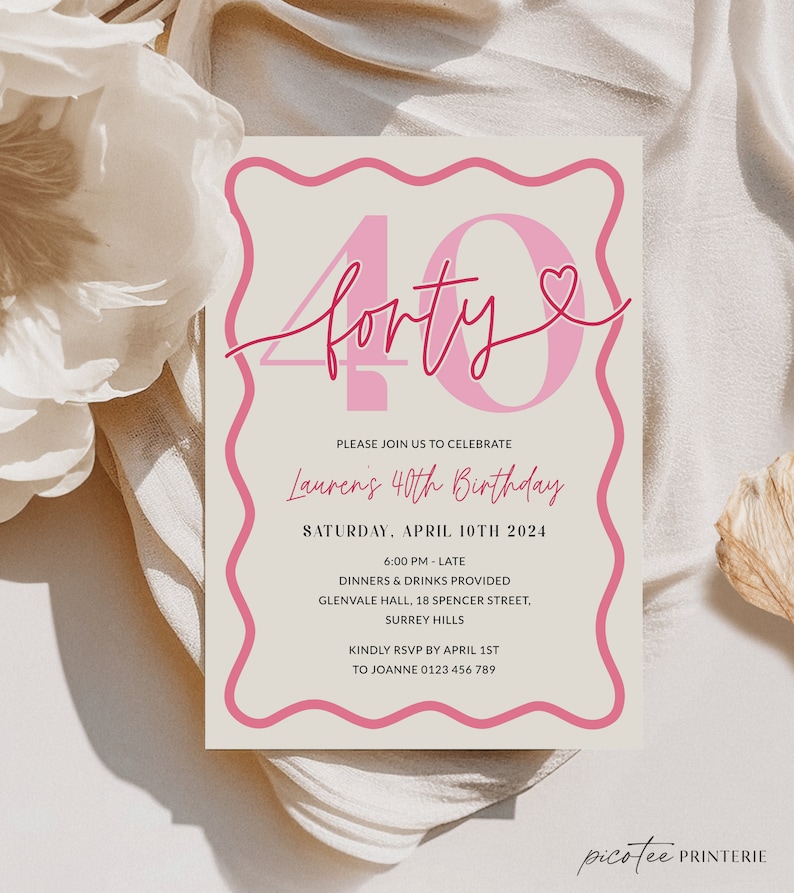 May include: A pink and white birthday invitation with the text "forty" in pink script with a heart. The invitation is for Lauren's 40th birthday party on Saturday, April 10th, 2024 at 6:00 PM. The party will be held at Glenvale Hall, 18 Spencer Street, Surrey Hills. RSVP by April 1st to Joanne at 0123 456 789.