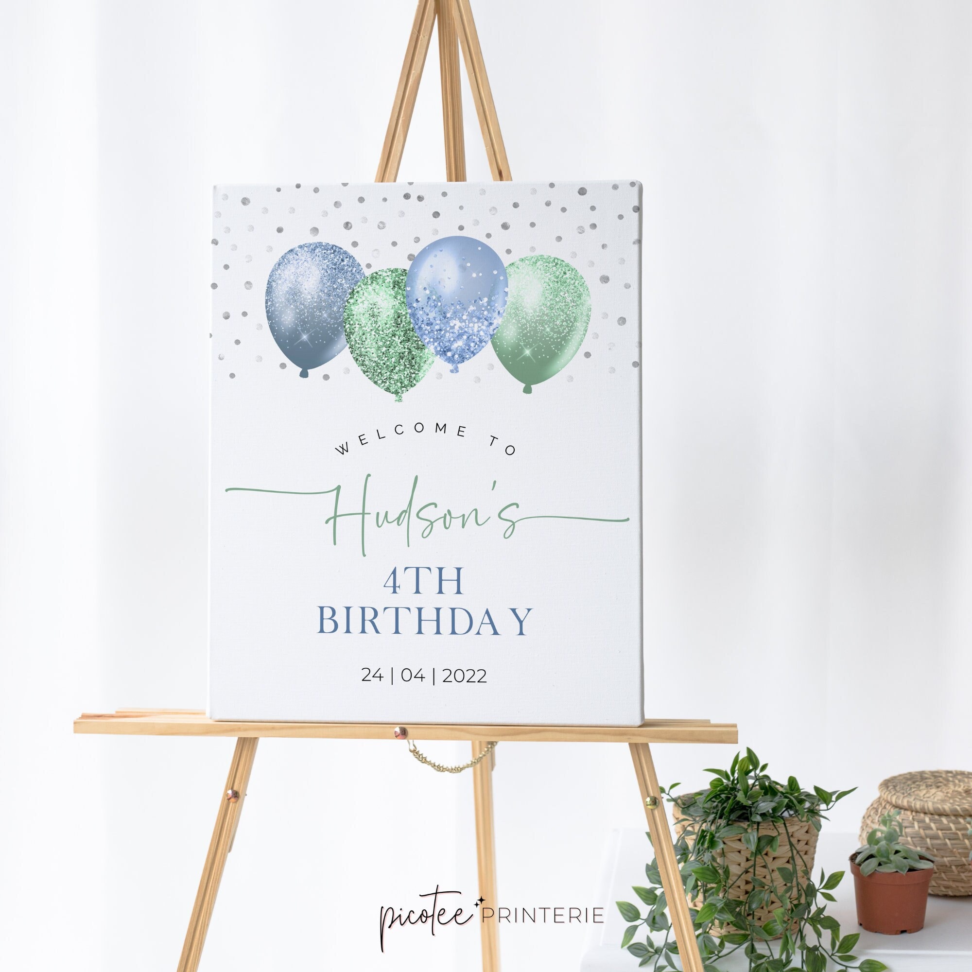 Welcome Sign Template, Boys Birthday Party Sign, Green Blue Balloon ...