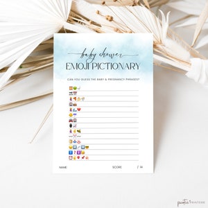 Emoji Pictionary Baby Shower Game with Answer Key, Baby Emoji Game, Printable Emoji Picture Game, Boy Baby Shower Activity Blue, Corjl PP65
