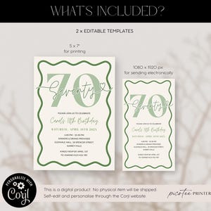 May include: Two editable birthday invitation templates. The design features the number 70 in a soft green color, with the word "Seventy" in a cursive font. The invitations are for a 70th birthday celebration, with event details.