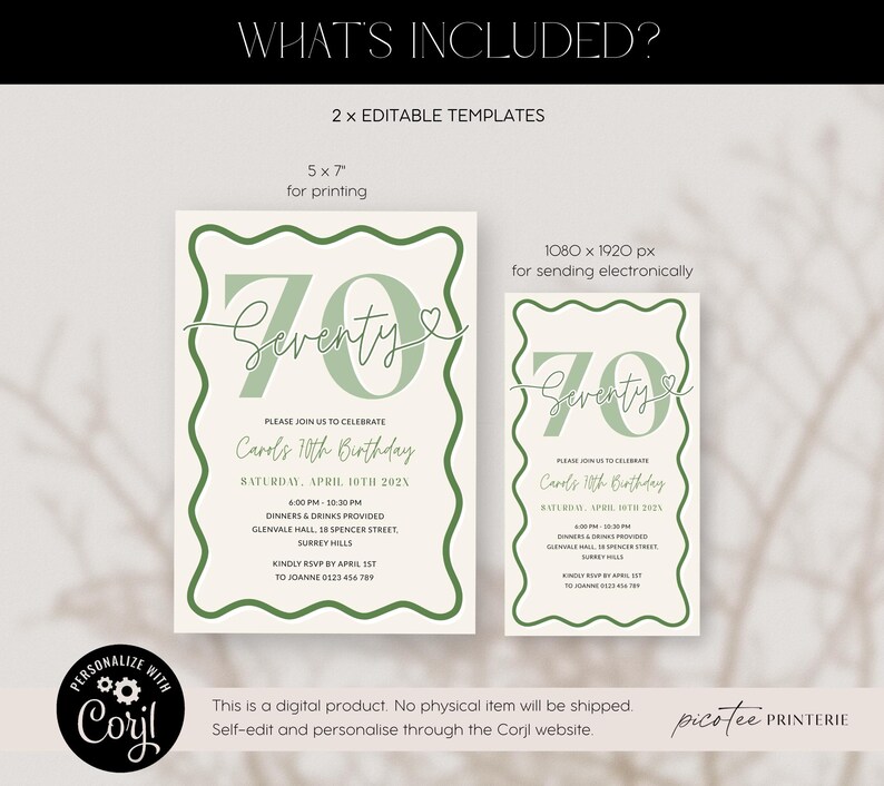 May include: Two editable birthday invitation templates. The design features the number 70 in a soft green color, with the word "Seventy" in a cursive font. The invitations are for a 70th birthday celebration, with event details.