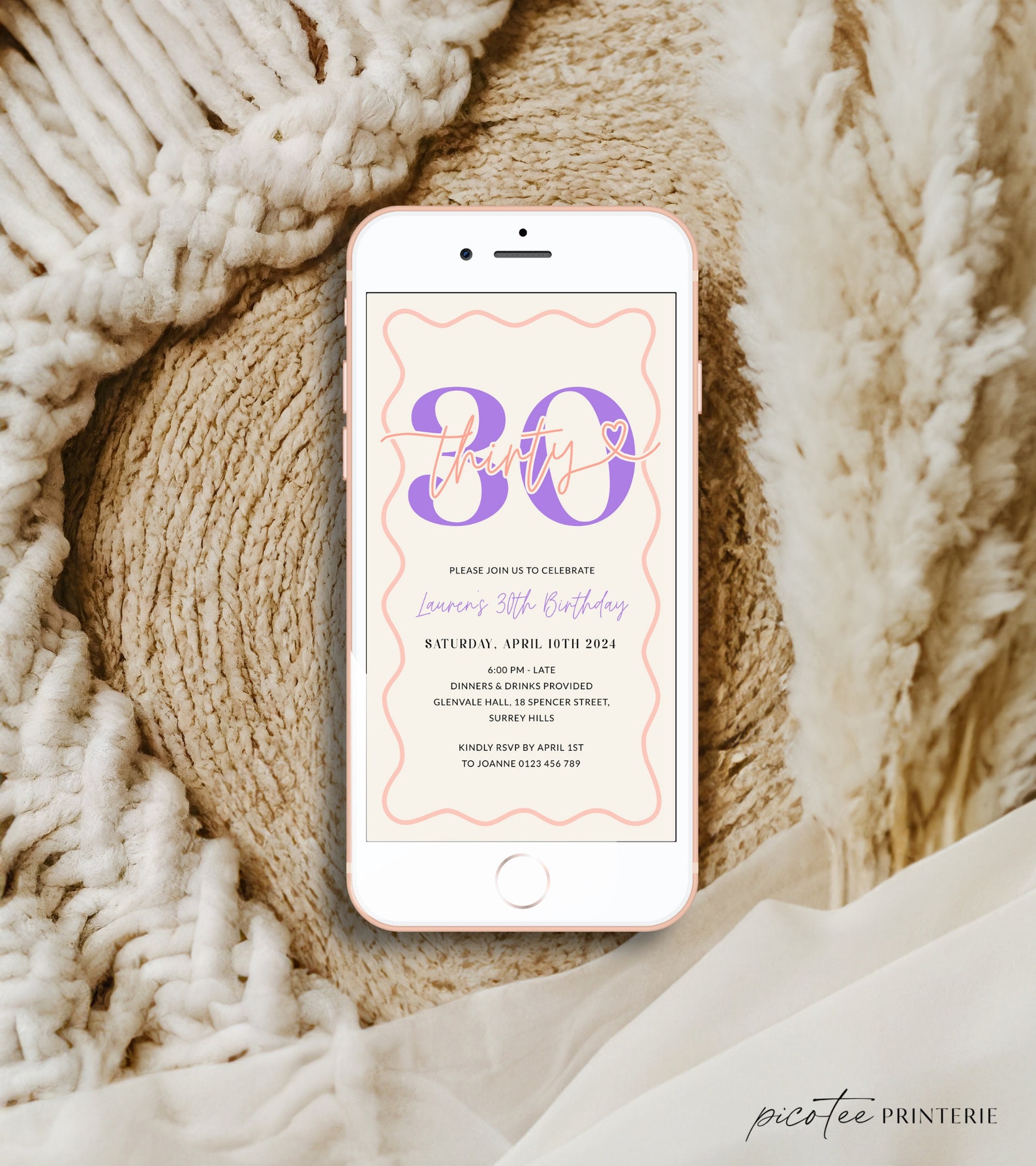 Wavy Border 30th Birthday Invitation Women, Purple Scalloped 30th Party ...