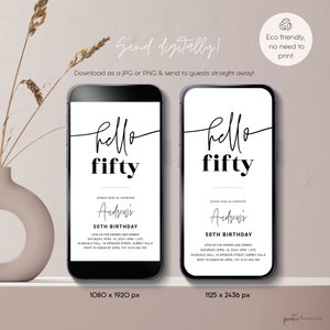 Puede incluir: Dos invitaciones digitales en blanco y negro para una fiesta de cumplea&ntilde;os n&uacute;mero 50. Las invitaciones presentan el texto "hello fifty" y el nombre "Andrew's 50th Birthday". Las invitaciones incluyen la fecha, la hora, la ubicaci&oacute;n y la informaci&oacute;n de RSVP.