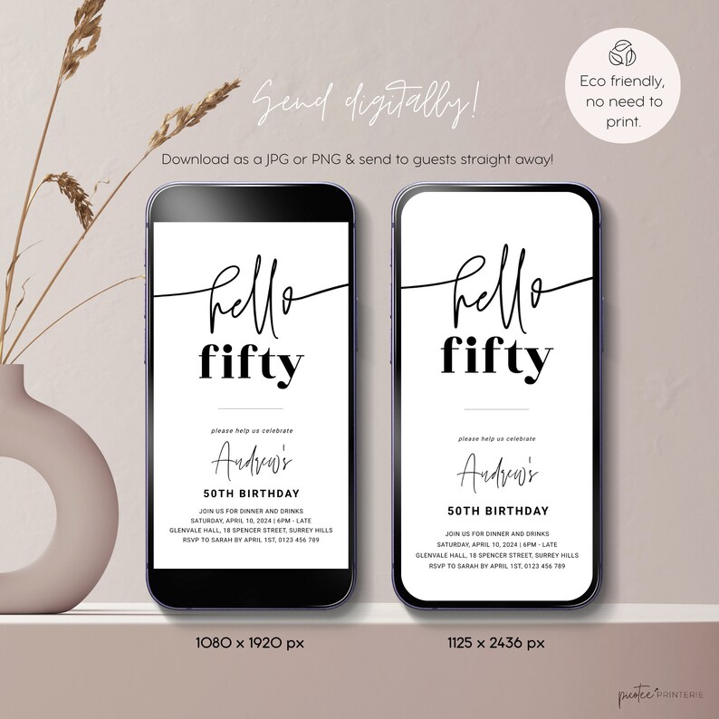 Puede incluir: Dos invitaciones digitales en blanco y negro para una fiesta de cumplea&ntilde;os n&uacute;mero 50. Las invitaciones presentan el texto "hello fifty" y el nombre "Andrew's 50th Birthday". Las invitaciones incluyen la fecha, la hora, la ubicaci&oacute;n y la informaci&oacute;n de RSVP.