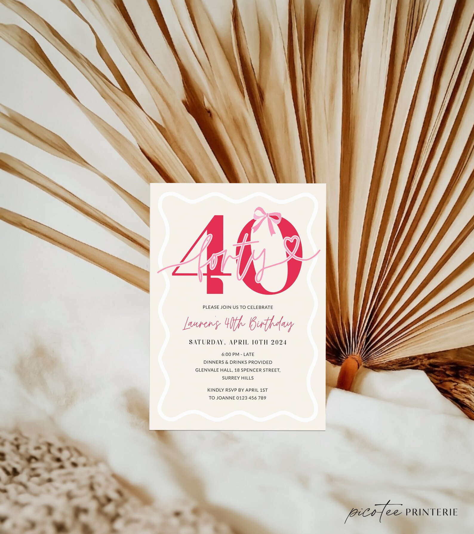 Bow Wavy Border 40th Birthday Invitation Women, Modern Scalloped 40th ...