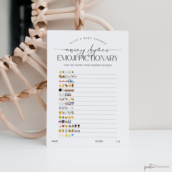 Emoji Baby Shower Game with Answer, Nursery Rhyme Emoji Pictionary Game, Modern Minimalist, Baby Emoji Game, Instant Download, Corjl PP50