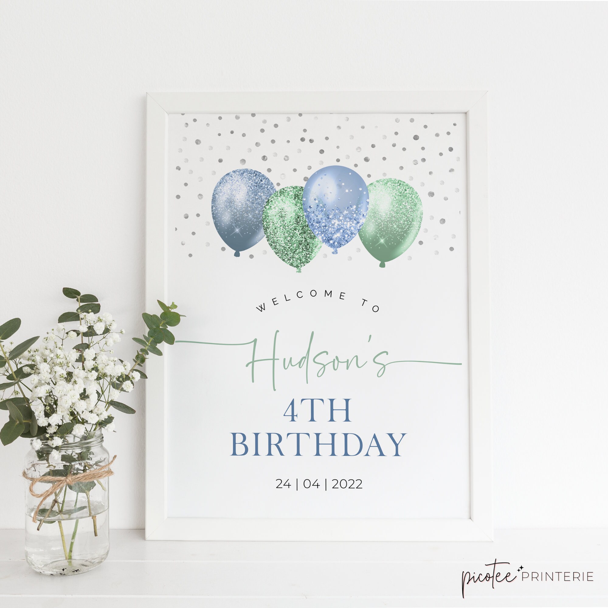Welcome Sign Template, Boys Birthday Party Sign, Green Blue Balloon ...