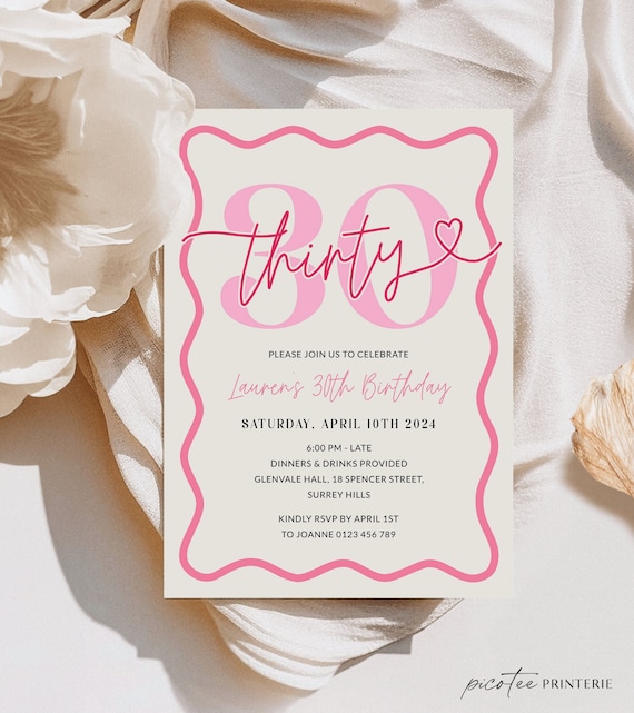 Pink Wavy Border 30th Birthday Invitation Women, Modern Scalloped 30th Party Invite for Her Printable, Editable Thirty Digital, Corjl PP84