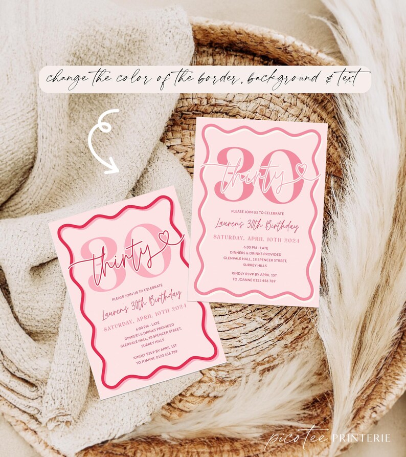 May include: Pink and red birthday invitation with a wavy border. The invitation says "Please join us to celebrate Lauren's 30th Birthday" and includes the date and time of the event. The invitation also includes the location of the event and RSVP information.