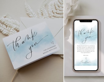 Blue Baby Shower Thank You Card Template, Printable Thank You Card Baby Shower, Minimalist Thank You Cards, Electronic, Baby Boy, Corjl PP65