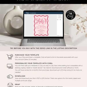 May include: A pink and white printable invitation template for a 30th birthday party. The template features the text "thirty" in a pink script font with a heart symbol. The template is designed to be personalized with Corjl, a free online editing tool.