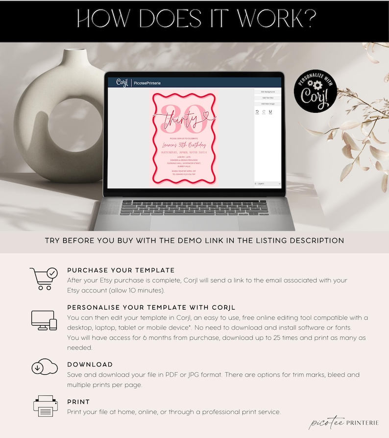 May include: A pink and white printable invitation template for a 30th birthday party. The template features the text "thirty" in a pink script font with a heart symbol. The template is designed to be personalized with Corjl, a free online editing tool.