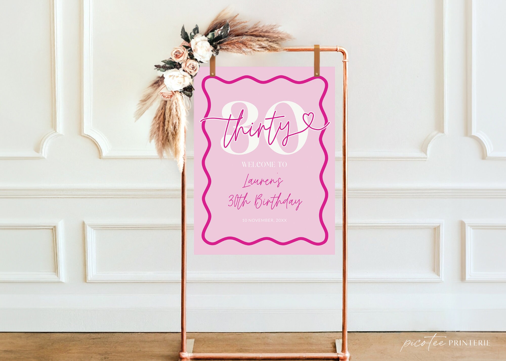 Pink 30th Birthday Wavy Border Welcome Sign for Her, Modern Scalloped ...